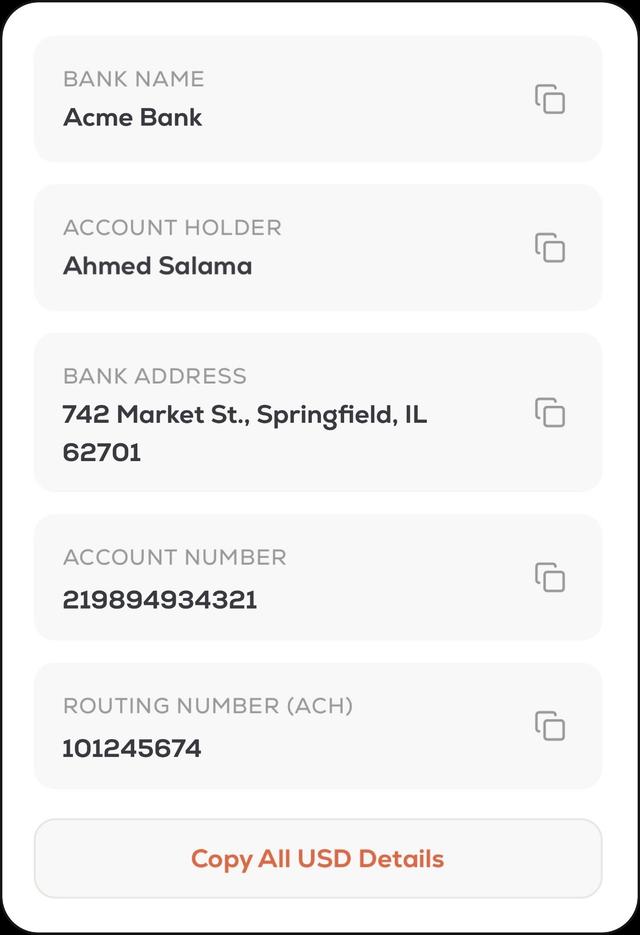 Hawala USD bank account details — routing number and account number