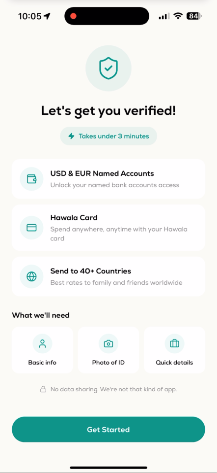 Hawala identity verification — takes under 3 minutes